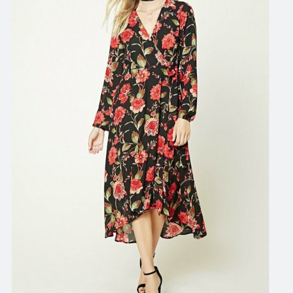 Forever 21 Black Floral Midi Dress with Red Flowers